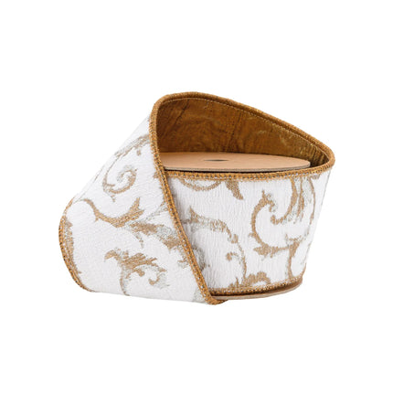 Ivory Jacquard Ribbon with Gold Swirls, Wired Edge, Exquisite Craft on Spool.