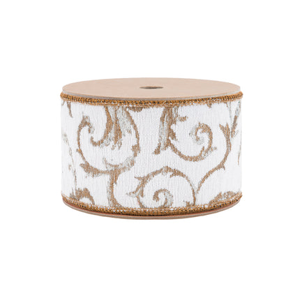 Piece of ribbon boasts exquisite spiral scrolls white gold weave ornate trim.