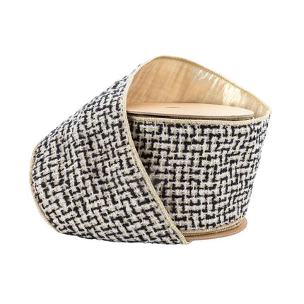 4" Wired Ribbon Black/Ivory/Gold Jacquard Tweed Gold Dupioni-fused Backing | 10 Yard Roll LaRibbons Wholesale