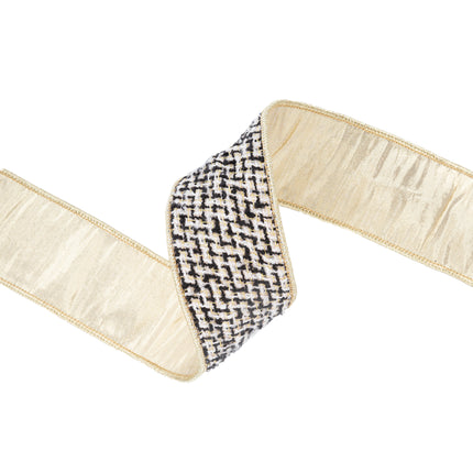 Reversible wired ribbon: Front (houndstooth tweed) & gold dupioni back