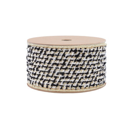 Full spool wired ribbon: Black/Ivory/Gold houndstooth jacquard tweed