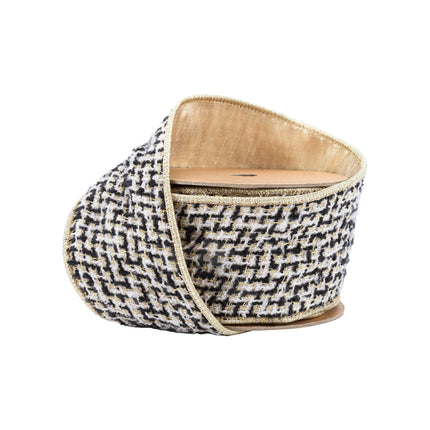 2 1/2" Wired Ribbon: Black/Ivory/Gold Houndstooth Jacquard Tweed (spool)
