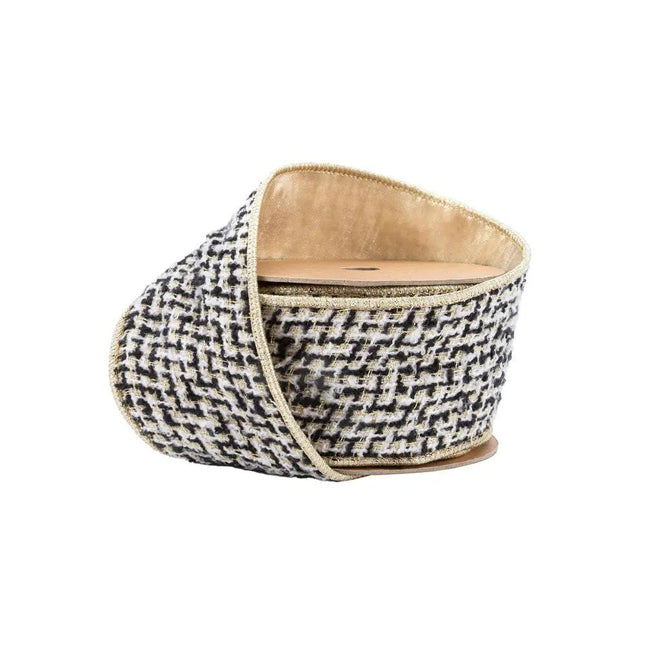 2 1/2" Wired Ribbon Black/Ivory/Gold Jacquard Tweed Gold Dupioni-fused Backing | 10 Yard Roll LaRibbons Wholesale