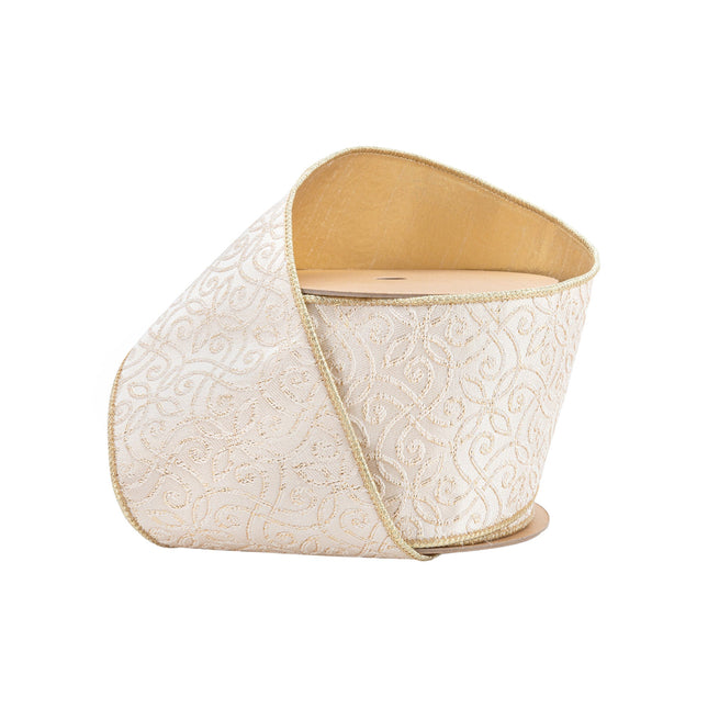 4" Wired Jacquard Ribbon | Ivory/Gold w/ Gold Dupioni-fused Backing | 10 Yard Roll LaRibbons and Crafts