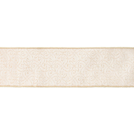 4" Wired Jacquard Ribbon | Ivory/Gold w/ Gold Dupioni-fused Backing | 10 Yard Roll LaRibbons and Crafts