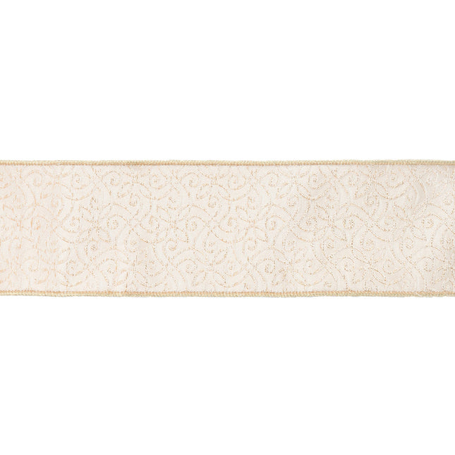 4" Wired Jacquard Ribbon | Ivory/Gold w/ Gold Dupioni-fused Backing | 10 Yard Roll LaRibbons and Crafts