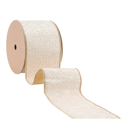 4" Wired Jacquard Ribbon | Ivory/Gold w/ Gold Dupioni-fused Backing | 10 Yard Roll LaRibbons and Crafts