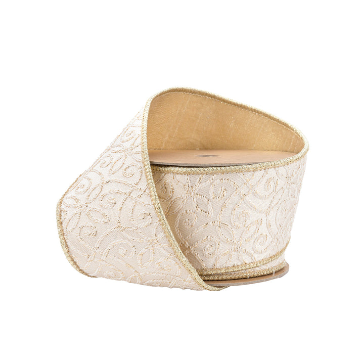 2 1/2" Wired Jacquard Ribbon | Ivory/Gold w/ Gold Dupioni-fused Backing | 10 Yard Roll LaRibbons and Crafts