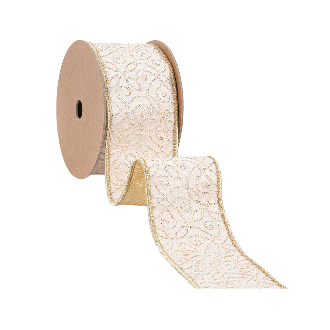 2 1/2" Wired Jacquard Ribbon | Ivory/Gold w/ Gold Dupioni-fused Backing | 10 Yard Roll LaRibbons and Crafts