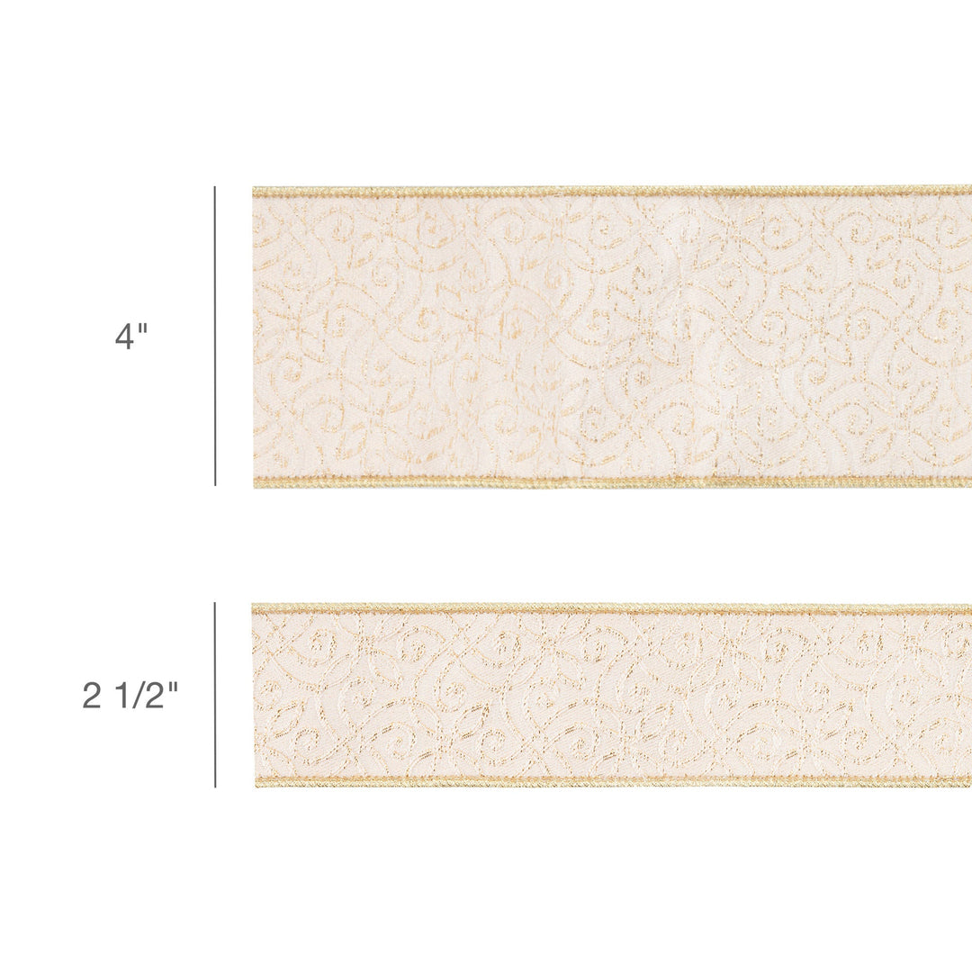 2 1/2" Wired Jacquard Ribbon | Ivory/Gold w/ Gold Dupioni-fused Backing | 10 Yard Roll LaRibbons and Crafts