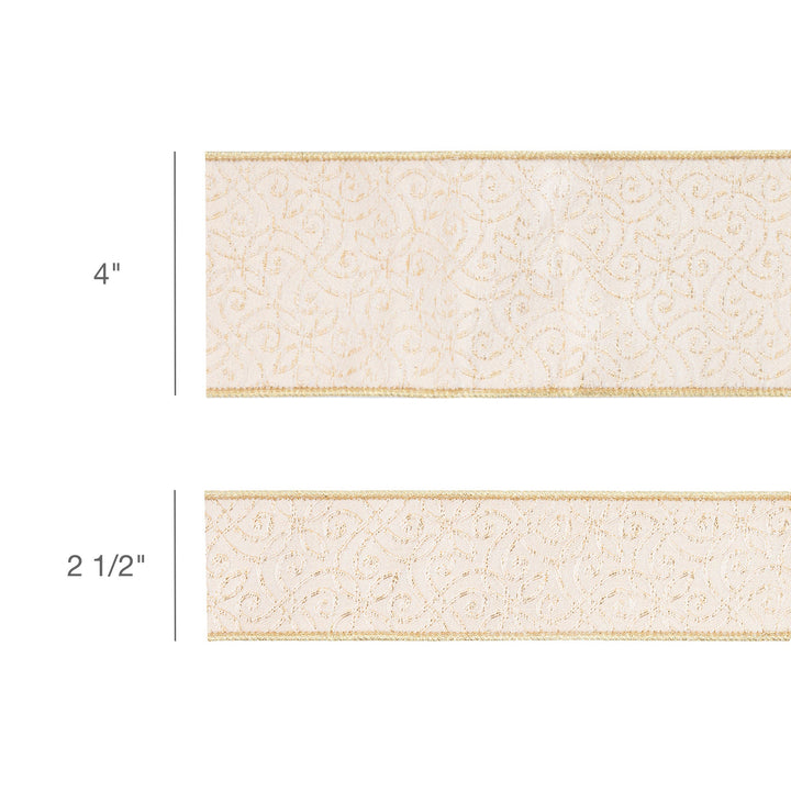 2 1/2" Wired Jacquard Ribbon | Ivory/Gold w/ Gold Dupioni-fused Backing | 10 Yard Roll LaRibbons and Crafts