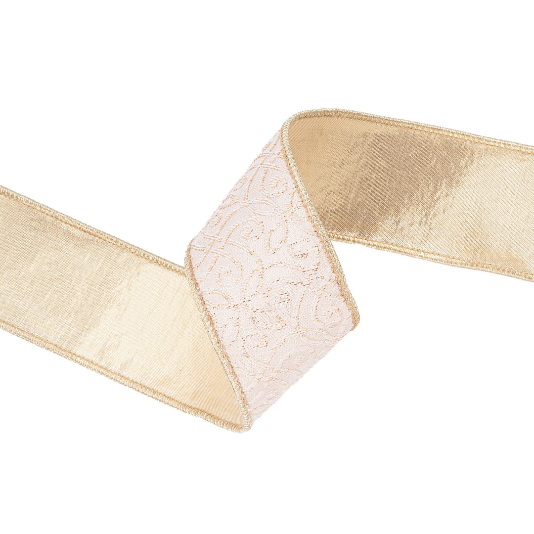 2 1/2" Wired Jacquard Ribbon | Ivory/Gold w/ Gold Dupioni-fused Backing | 10 Yard Roll LaRibbons and Crafts