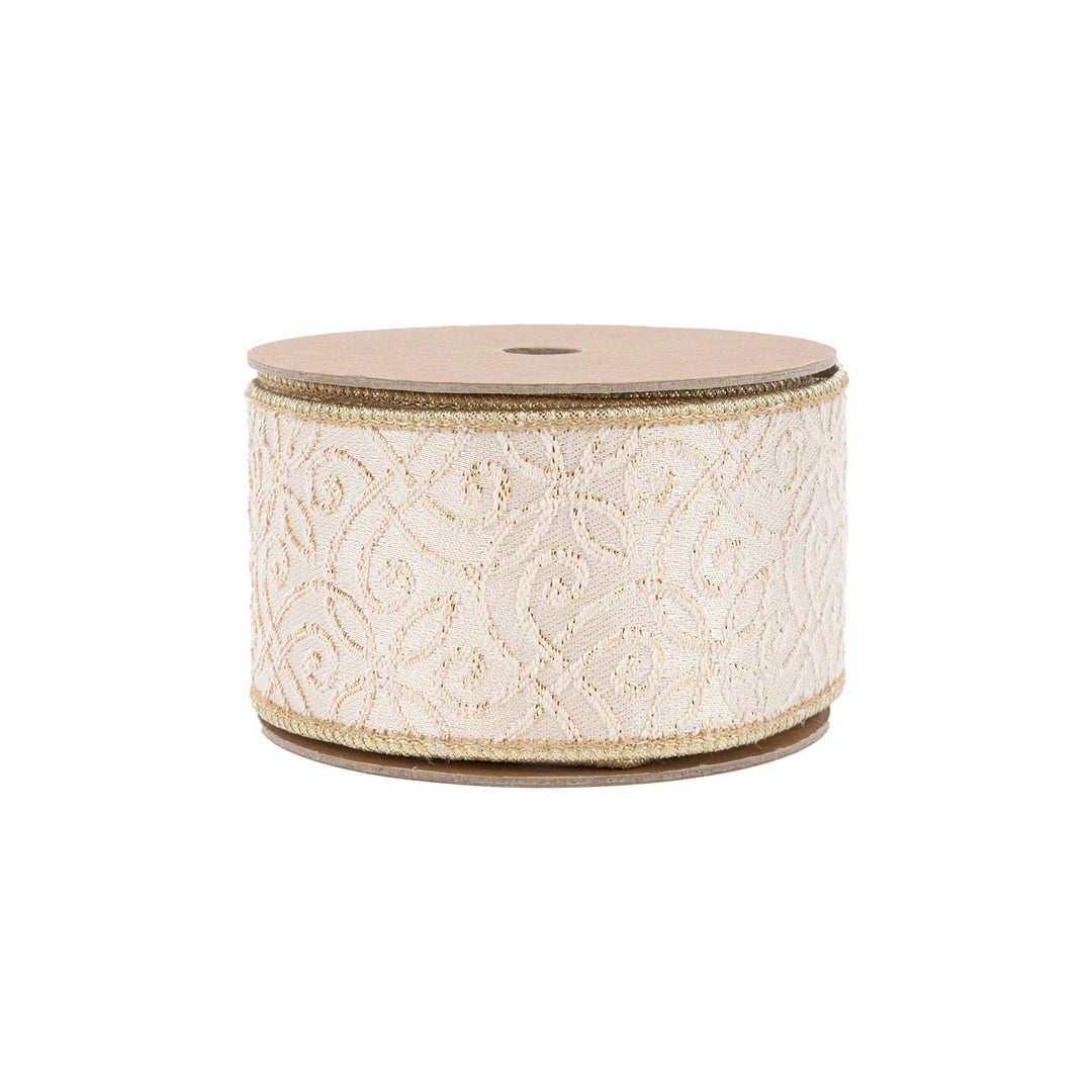 2 1/2" Wired Jacquard Ribbon | Ivory/Gold w/ Gold Dupioni-fused Backing | 10 Yard Roll LaRibbons and Crafts