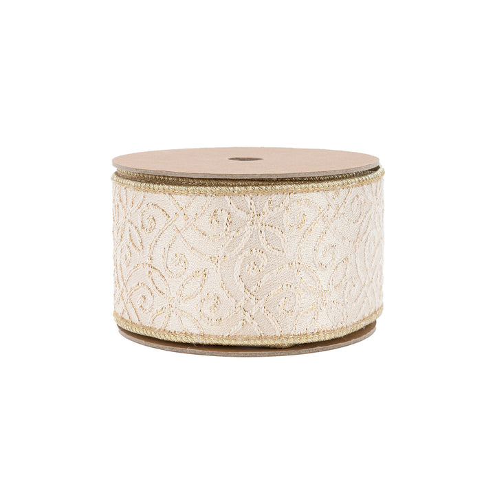 2 1/2" Wired Jacquard Ribbon | Ivory/Gold w/ Gold Dupioni-fused Backing | 10 Yard Roll LaRibbons and Crafts