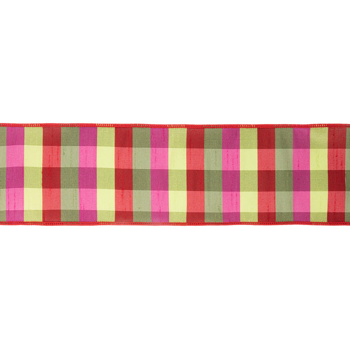 4" Wired Ribbon | Green/Pink/Red Check | 10 Yard Roll