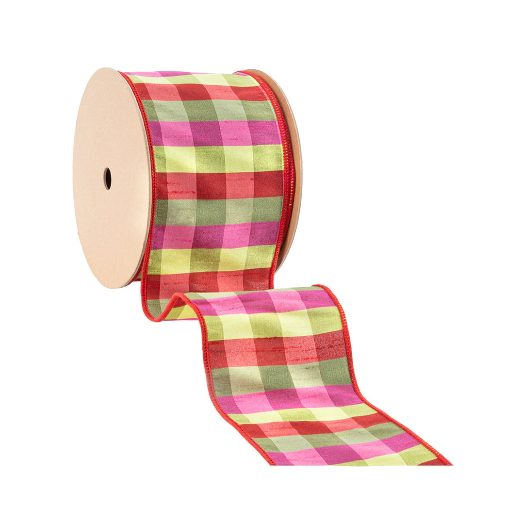 4" Wired Ribbon | Green/Pink/Red Check | 10 Yard Roll