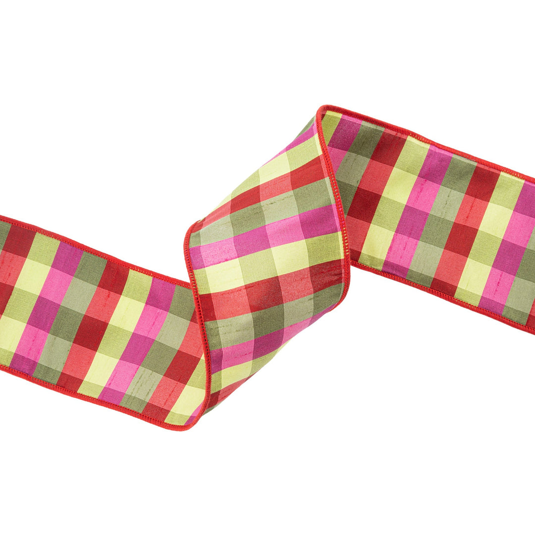 4" Wired Ribbon | Green/Pink/Red Check | 10 Yard Roll