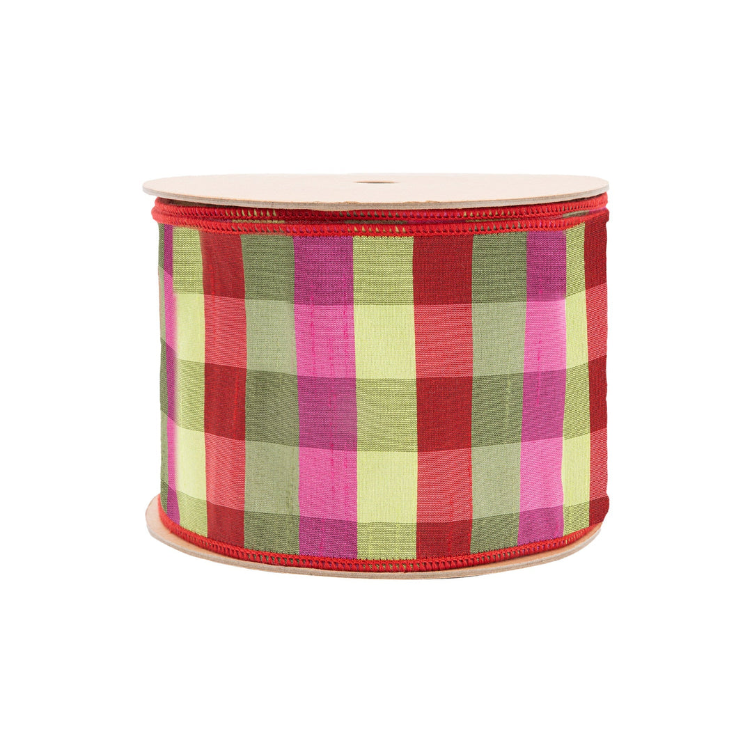 4" Wired Ribbon | Green/Pink/Red Check | 10 Yard Roll