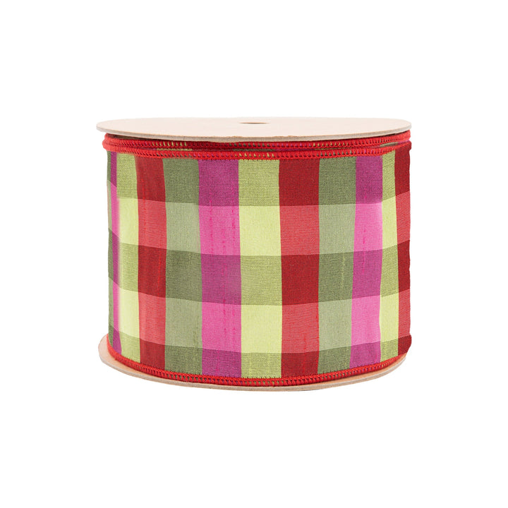 4" Wired Ribbon | Green/Pink/Red Check | 10 Yard Roll