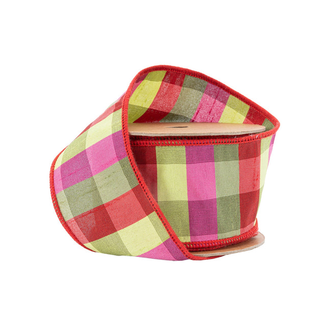 2 1/2" Wired Ribbon | Green/Pink/Red Check | 10 Yard Roll LaRibbons Wholesale