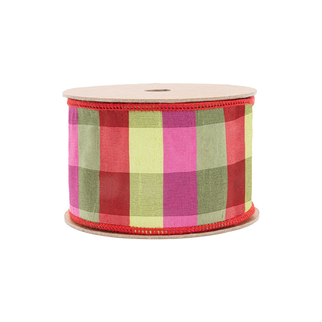 2 1/2" Wired Ribbon | Green/Pink/Red Check | 10 Yard Roll LaRibbons Wholesale