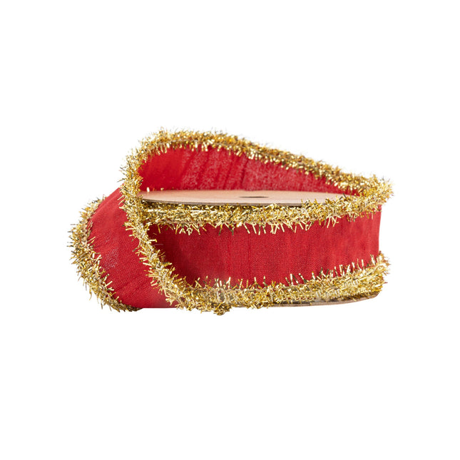 1" Wired Dupioni Ribbon | Red w/ Gold Tinsel Edging | 10 Yard Roll LaRibbons and Crafts