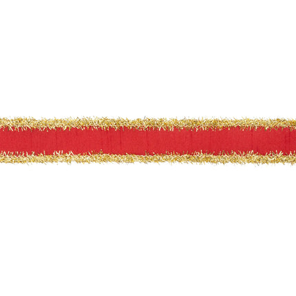 Wired Red Dupioni Ribbon with gold tinsel fringe, ideal for holiday gift wraps.