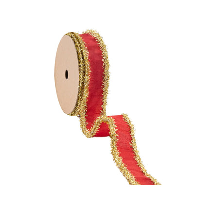 1-inch red wired dupioni ribbon with gold tinsel fringe, great for Christmas styling.