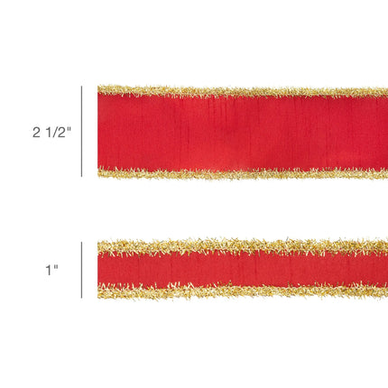 1" and 2 1/2" Red Dupioni Wired Ribbon with shiny gold tinsel fringe trim, perfect fo gift wrapping