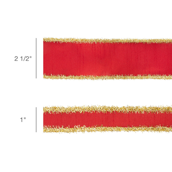 1" Wired Dupioni Ribbon | Red w/ Gold Tinsel Edging | 10 Yard Roll