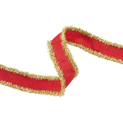 Red dupioni wired ribbon with bold gold tinsel trim, versatile for seasonal gift accents.