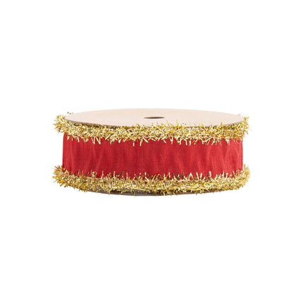 Luxurious red dupioni wired ribbon featuring sparkling gold tinsel edges, perfect for wreath accents.