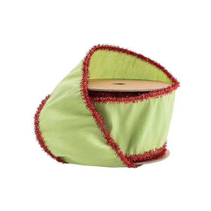 Festive 2 1/2" Wired Dupioni Ribbon in Green Apple with Red Tinsel Edging: ideal for Christmas wreaths
