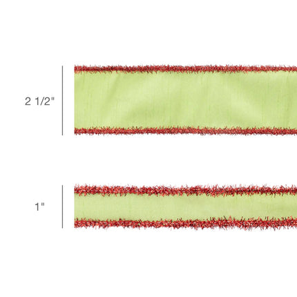 Green Apple wired dupioni ribbon bundle in 2 1/2" and 1" widths, featuring vibrant red tinsel edging, ideal for festive holiday decor