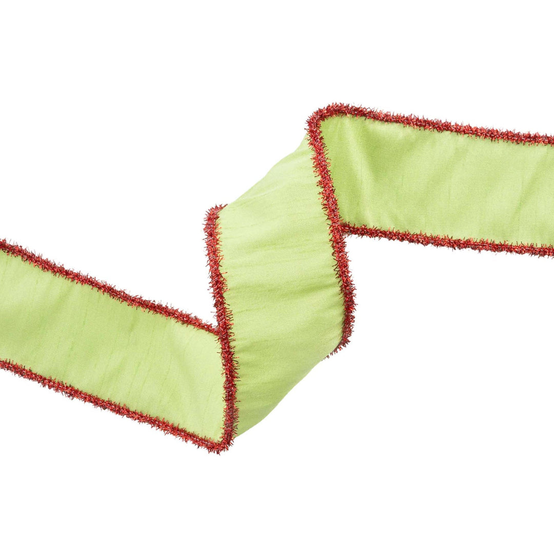 2 1/2" Wired Dupioni Ribbon | Green Apple w/ Red Tinsel Edging | 10 Yard Roll