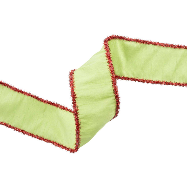 2 1/2" Wired Dupioni Ribbon | Green Apple w/ Red Tinsel Edging | 10 Yard Roll