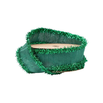 1" Dark Green Dupioni Wired Ribbon with shimmering green tinsel fringe trim, ideal for festive holiday decor.
