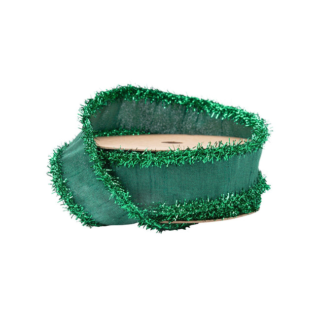 1" Wired Dupioni Ribbon | Dark Green w/ Dark Green Tinsel Edging | 10 Yard Roll LaRibbons and Crafts
