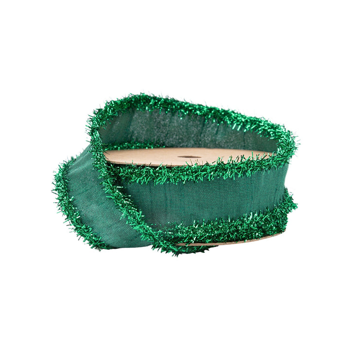 1" Wired Dupioni Ribbon | Dark Green w/ Dark Green Tinsel Edging | 10 Yard Roll