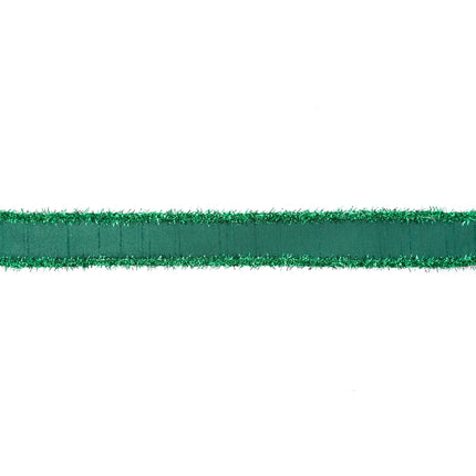 1" Wired Dark Green Dupioni Ribbon with green tinsel fringe, ideal for Christmas tree decorations