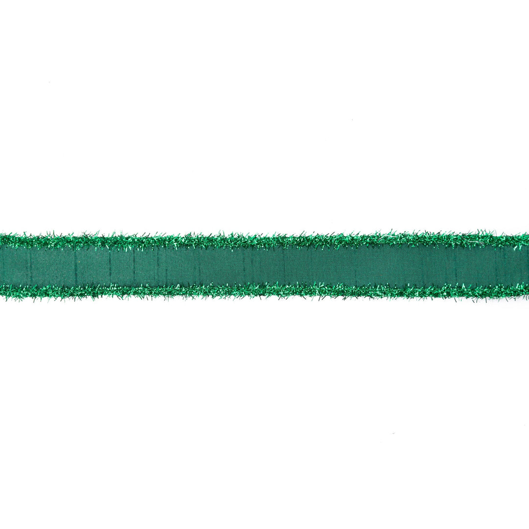 1" Wired Dupioni Ribbon | Dark Green w/ Dark Green Tinsel Edging | 10 Yard Roll