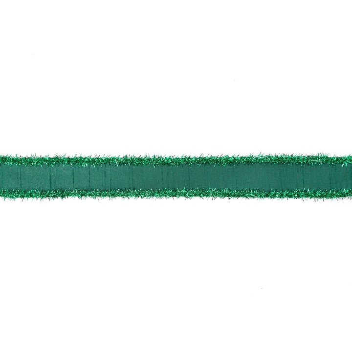 1" Wired Dupioni Ribbon | Dark Green w/ Dark Green Tinsel Edging | 10 Yard Roll
