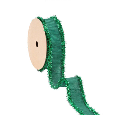 1-inch dark green wired dupioni ribbon with green tinsel fringe, great for gift packaging and Christmas styling.