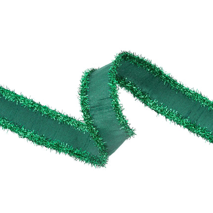 Dark green dupioni wired ribbon with bold green tinsel trim, versatile for DIY holiday crafts