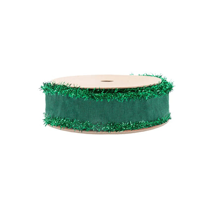 Luxurious dark green dupioni wired ribbon featuring sparkling green tinsel edges, perfect for gift wrapping
