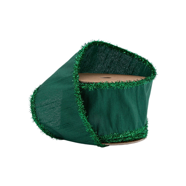 2 1/2" Wired Dupioni Ribbon | Dark Green w/ Dark Green Tinsel Edging | 10 Yard Roll LaRibbons and Crafts