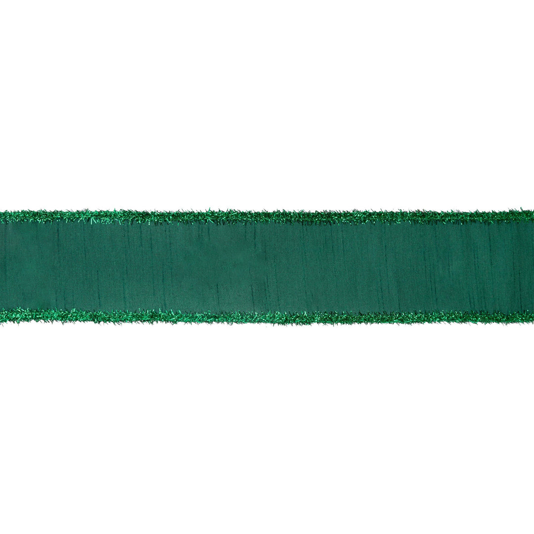 2 1/2" Wired Dupioni Ribbon | Dark Green w/ Dark Green Tinsel Edging | 10 Yard Roll
