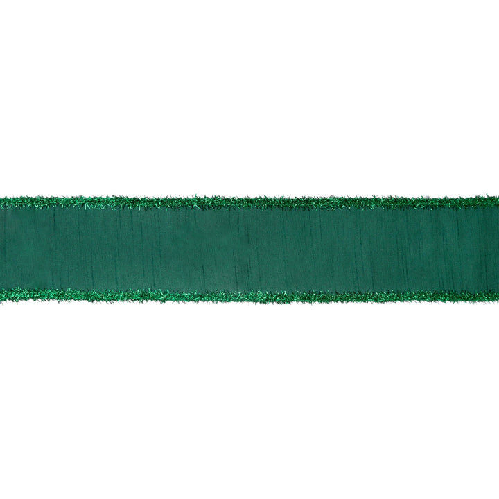 2 1/2" Wired Dupioni Ribbon | Dark Green w/ Dark Green Tinsel Edging | 10 Yard Roll