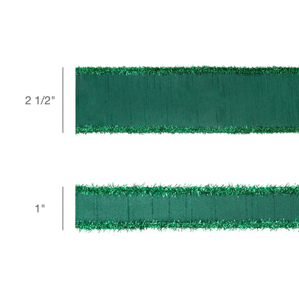 Dark green wired dupioni ribbon bundle in 2 1/2" and 1" widths, with matching green tinsel edging