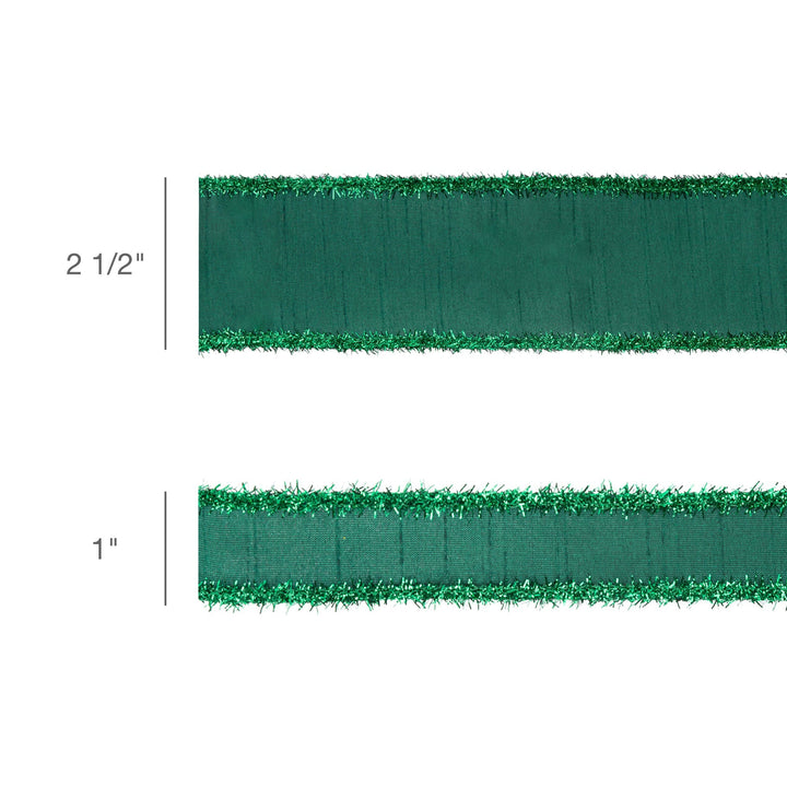 2 1/2" Wired Dupioni Ribbon | Dark Green w/ Dark Green Tinsel Edging | 10 Yard Roll
